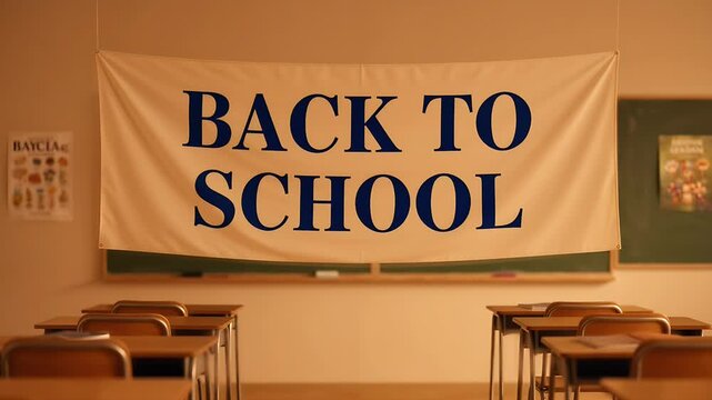 A banner that reads BACK TO SCHOOL hangs in an empty classroom, with rows of desks facing a chalkboard