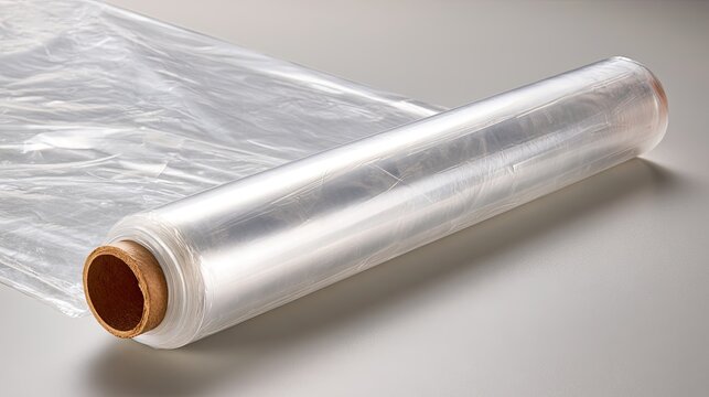 A roll of clear plastic film on a cardboard tube lies on a gray surface