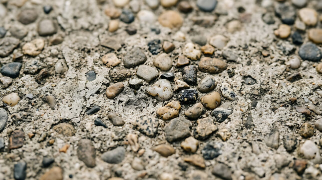 Close-up macro shot of weathered outdoor exposed aggregate concrete pathway featuring textured multi-colored river stones and pebbles