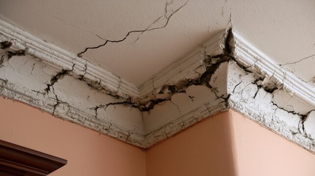 Ornate ceiling cornice shows severe cracks and plaster damage
