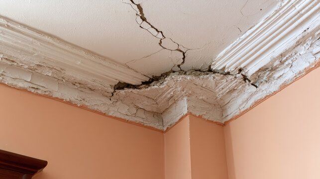 Heavily cracked ceiling and molding show severe structural damage and decay