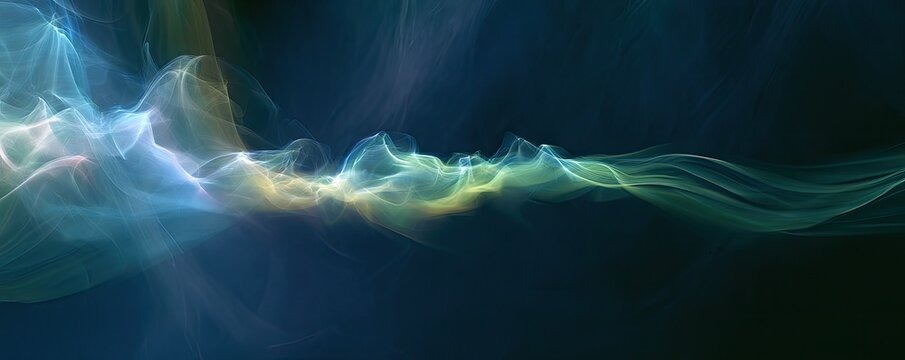 Ethereal wisps of blue, green, and yellow light drift across a dark background