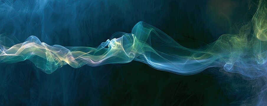 Ethereal, glowing blue and green wisps of smoke drift across a dark background