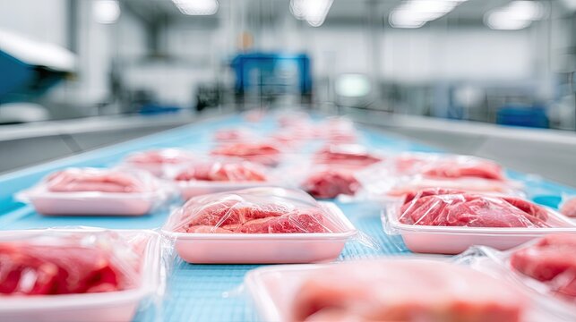 Fresh meat products on an automated conveyor belt in a processing facility