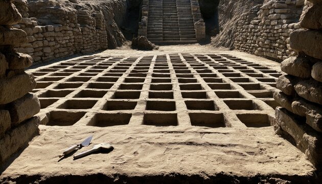 Excavated ancient burial site with many uniform grid-like tombs