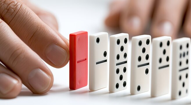 Finger touches a red domino, starting a line of white dominos