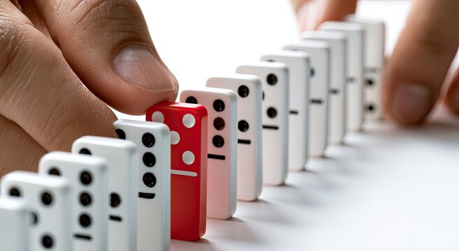 Red domino stands out as hands arrange a line of white ones