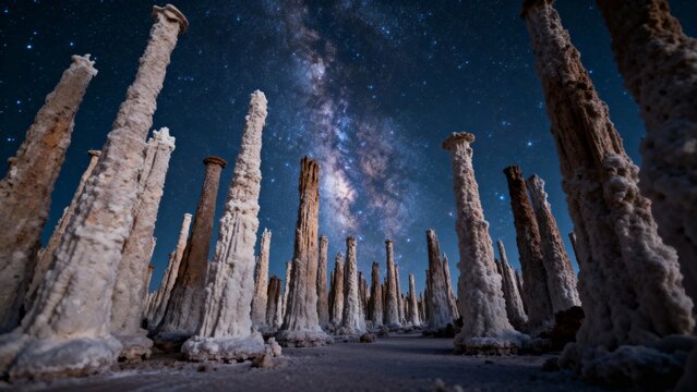 Tufa towers under the Milky Way at night in a desert landscape