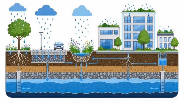 Sponge City Infrastructure Cross Section Permeable Pavement Rain Garden Green Roof Underground Water Storage Tree Roots Educational Infographic
