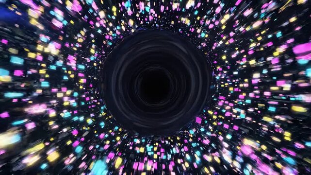 A Captivating Journey Through a Colorful Vortex of Light, Pulsating with Vibrant Particles in a Dark, Infinite Space, Creating a Mesmerizing Visual Experience