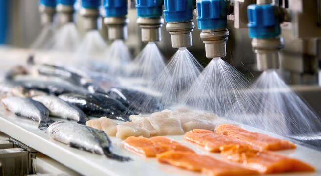 Automated processing line applies liquid treatment to raw fish fillets and whole fish
