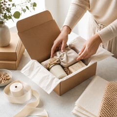 Fototapeta premium Hands arranging natural products in a kraft gift box