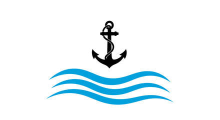Fototapeta premium Minimalist black anchor and blue waves on white background