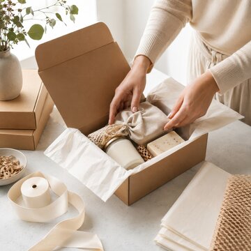 Hands arranging natural products in a kraft gift box