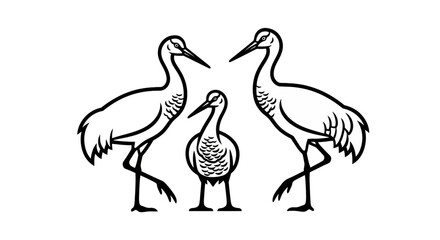 Fototapeta premium Minimalist Line Art Illustration of Two Adult Cranes and a Chick