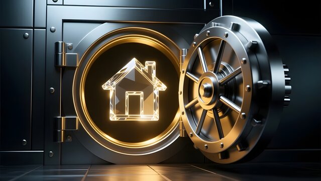 Glowing glass house icon inside open bank vault, secure real estate investment concept, protected home ownership and mortgage safety
