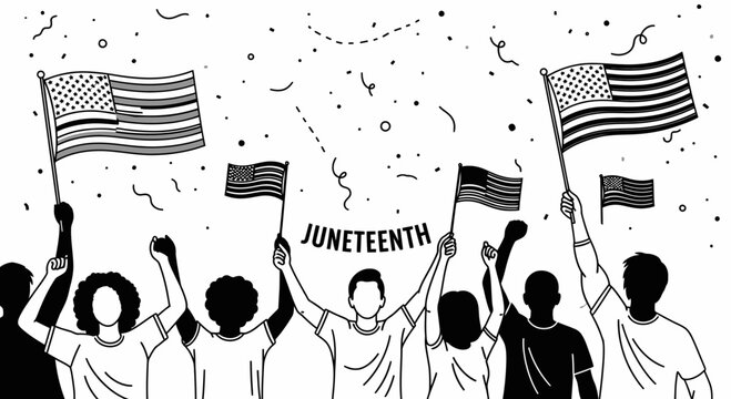 Juneteenth Celebration Illustration with People Holding American Flags