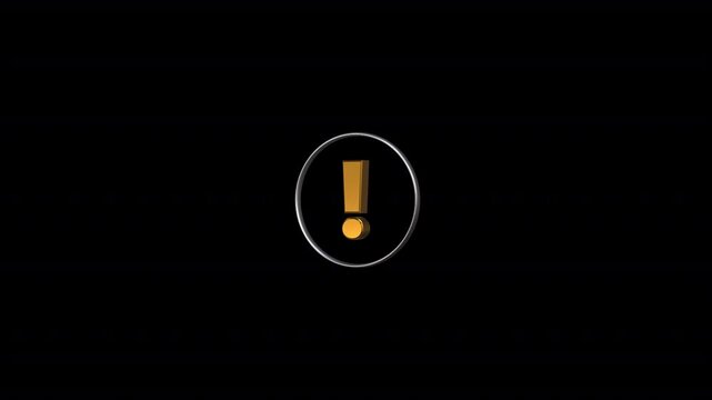 Rotating golden exclamation mark warning sign badge animation on alpha channel loop.