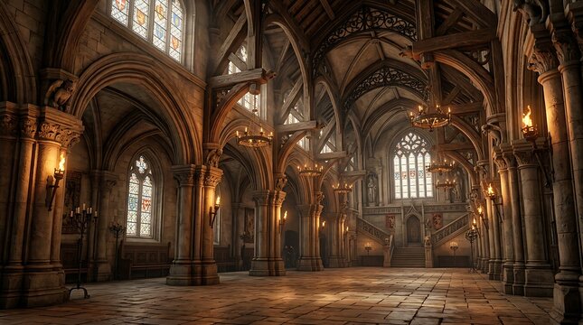 Gothic cathedral interior with stained glass windows.
