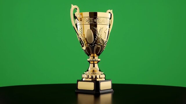 Golden Championship Trophy Standing on Table Against Green Screen.