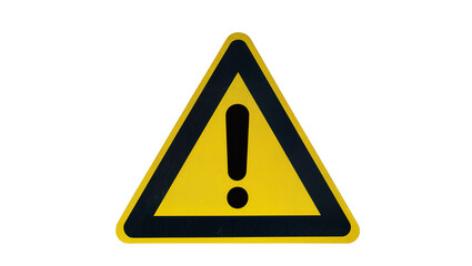 Yellow triangular warning sign with black border and exclamation mark, isolated on transparent background © Aliona