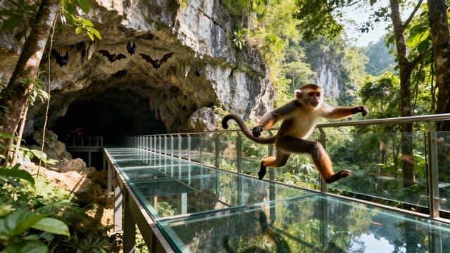 A monkey leaps across a glass walkway near a cave entrance in a lush forest setting