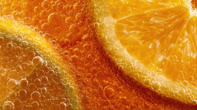 Close-up of vibrant orange slices submerged in bubbly liquid, creating refreshment