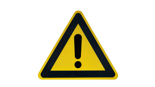 Yellow triangular warning sign with black border and exclamation mark, isolated on transparent background