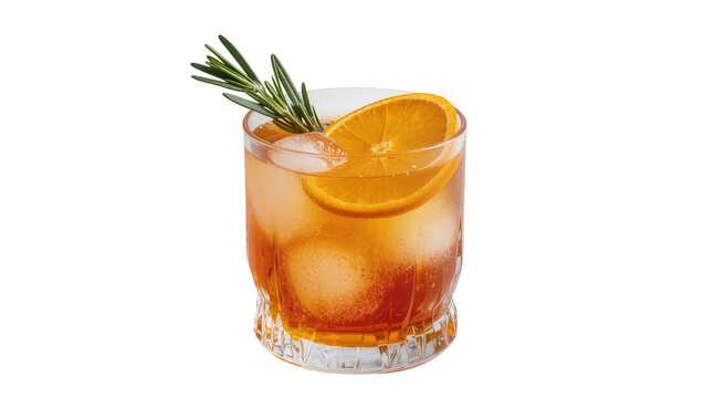 Amber cocktail with ice orange slice and rosemary sprig, isolated on transparent background