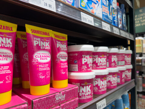 PENANG, MALAYSIA - MAY 25, 2026: The Pink Stuff cleaning paste and household cleaners displayed on supermarket retail shelf.