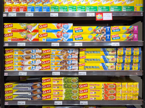 PENANG, MALAYSIA - MAY 25, 2026: Glad food storage and kitchen wrap products displayed on supermarket retail shelf.