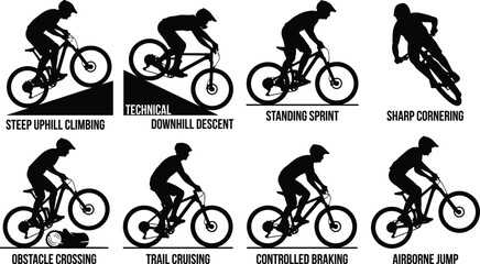 Obraz premium Mountain biking and extreme cycling technique silhouette set featuring uphill climbing, downhill descent, cornering, and jump poses