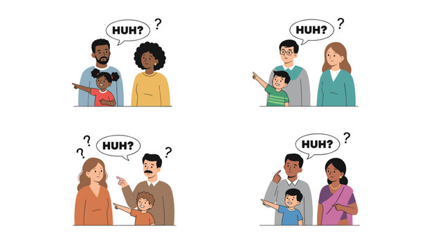 Diverse multicultural families express confusion and ask questions in this humorous four-panel illustration.