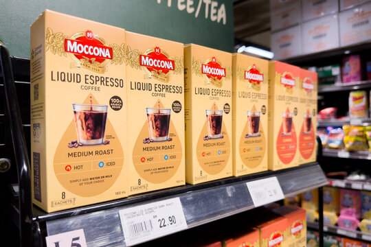 PENANG, MALAYSIA - JUL 03, 2026: Moccona Liquid Espresso coffee boxes displayed on supermarket retail shelf.
