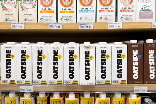 PENANG, MALAYSIA - JUL 03, 2026: Oatside oat milk cartons displayed on supermarket retail shelf.