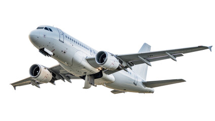 Fototapeta premium White passenger jet airplane with twin engines, isolated on transparent background