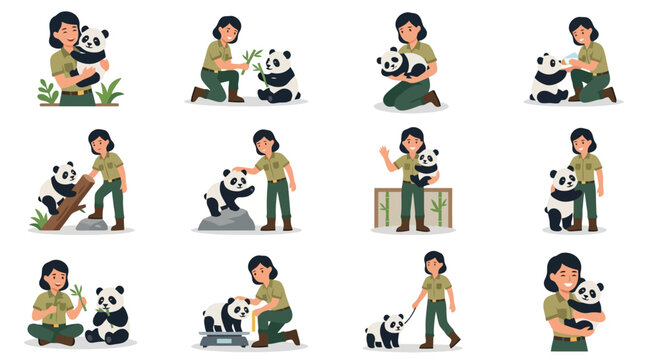 Industrial Style of Zoo Keepers Caring for Pandas in Various Activities with Playful and Educational Scenes
