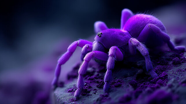 Purple tarantula spider resting on dark textured surface with tarantula arachnid wildlife