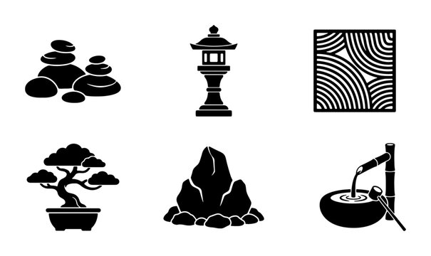 Zen Garden Icons: Bonsai Tree, Stones, Lantern, Water Feature, Zen Elements