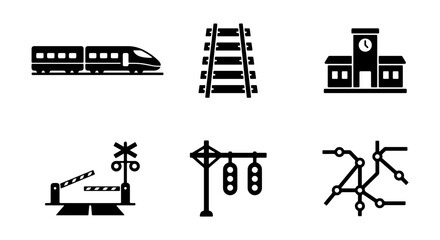 Train Icons Set: Locomotive, Tracks, Station, Crossing, Signals, Map © Niloy