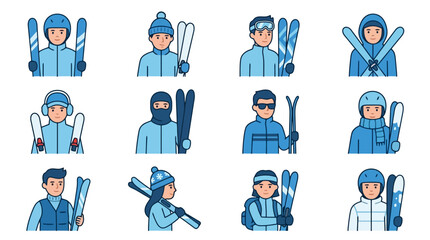 Fototapeta premium Minimalist Illustrations of Skiers in Various Winter Gear and Attire Holding Skis Flat Design Style