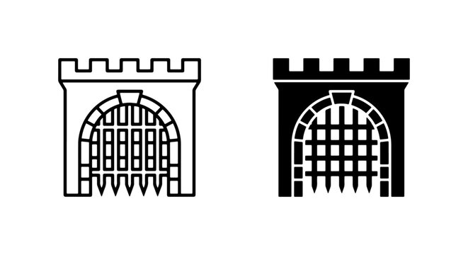 Castle Gate Icons, Medieval Fortress Entrance, Ancient Fortification Vector