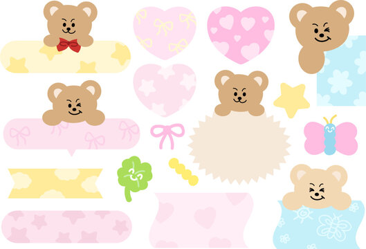 Vectors of cute pastel text bubbles with teddy bear, butterfly, clover leaf, heart shape, star pattern for print, sticker, message, chat box, speech, dialogue, polaroid photo, banner, animals, sticker