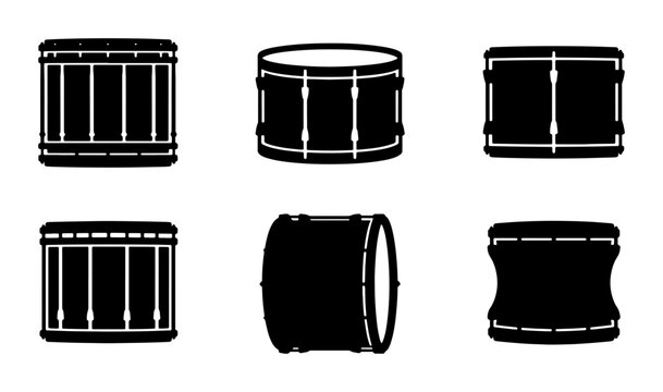 Drum Icons Set: Snare, Bass, Marching Drums, Musical Instruments, Vector Graphics