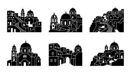 Greek Island Architecture Vector Set, Santorini Village Silhouettes, White Buildings © Nadim