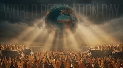 Large crowd of people gathered around a glowing globe with rays of light shining through clouds symbolizing world population day and global unity concepts