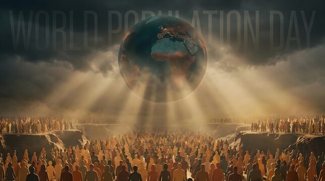 Large crowd of people gathered around a glowing globe with rays of light shining through clouds symbolizing world population day and global unity concepts