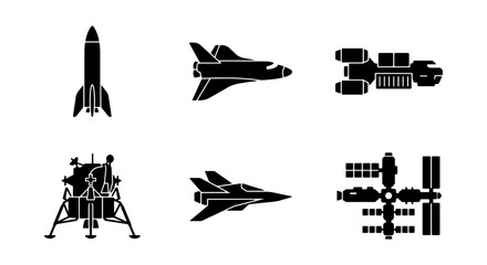 Spacecraft Icons Set: Rocket, Shuttle, Lander, Station, Spaceship © Pritha