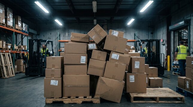 Massive stack of unbranded cardboard dropshipping parcels inside local warehouse