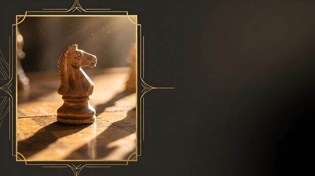 Wooden chess knight piece standing alone on a chessboard with sunlight casting dramatic shadows framed by an art deco gold border